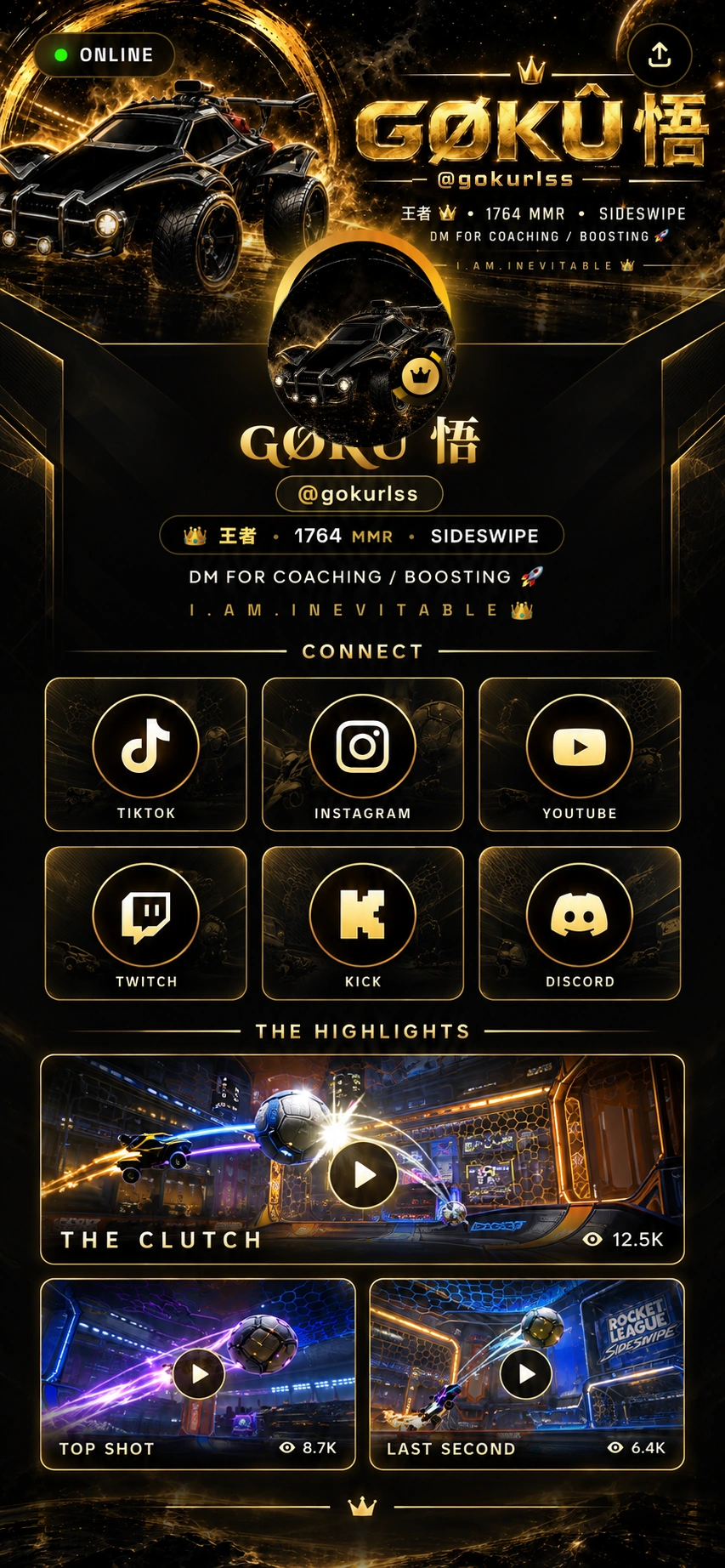 GØKÛ 悟 (@gokurlss), 1764 MMR Sideswipe creator. Connect on TikTok, Instagram, YouTube, Twitch, Kick or Discord, and explore three featured clips.